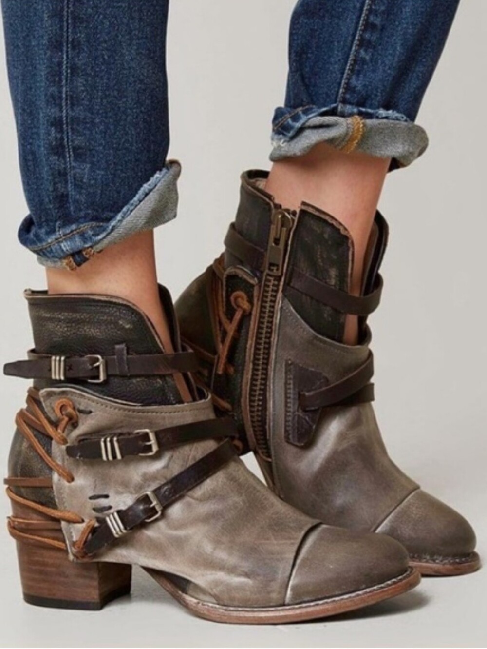 Freebird By Steven Crue Grey Multi leather buckle boots Booties Size 7